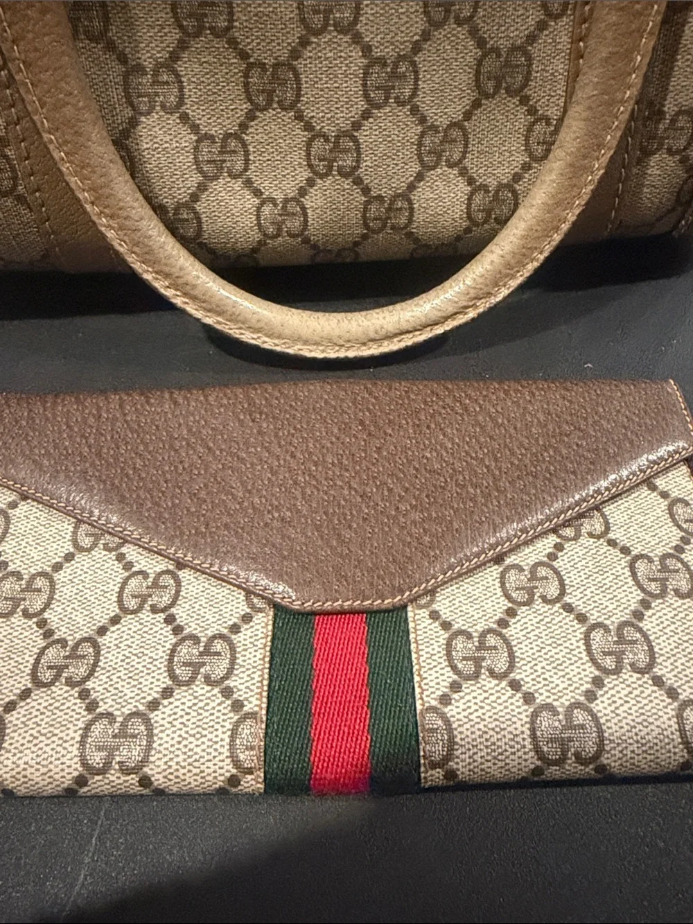 Gucci Beige GG Supreme Canvas Continental Wallet with Red and Green Web